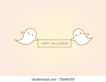 Happy halloween greeting card design template. Holiday banner with cute ghosts in kawaii style. Party invitation, background