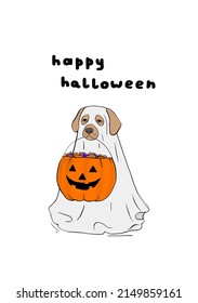 happy halloween greeting card and dog in ghost costume holding pumpkin bag for trick treat candy whit background and text 