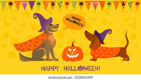 Happy Halloween greeting card with dogs. Dachshund in Halloween costume. Halloween Dog  Design Bundle. Set of dogs wearing costumes. Cute Pets dressed for carnival party cartoon vector 