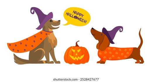 Happy Halloween greeting card with dogs. Dachshund in Halloween costume. Halloween Dog  Design Bundle. Set of dogs wearing costumes. Cute Pets dressed for carnival party cartoon vector 