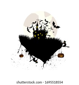 Happy Halloween Greeting Card. Elegant Design With Castle, Bats, Owl, Pumpkins and Cats Over Grunge Green Background With Ink Blots. Vector illustration.