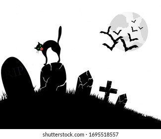 Happy Halloween Greeting Card. Elegant Design With Cemetery, Cat on Grave, Moon on Starry Sky and Silhouettes of Flying Bats.  Vector illustration.