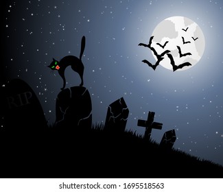 Happy Halloween Greeting Card. Elegant Design With Cemetery, Cat on Grave, Moon on Starry Sky and Silhouettes of Flying Bats.  Vector illustration.