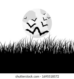 Happy Halloween Greeting Card. Elegant Design With Moon on Starry Sky and Silhouettes of Flying Bats.  Vector illustration.