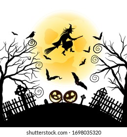 Happy Halloween Greeting Card. Elegant Design With Bats, Owl, Grave, Cemetery, Fence, Moon, Tree and Witch Over Grunge Dark Blue Starry Sky Background. Vector illustration.