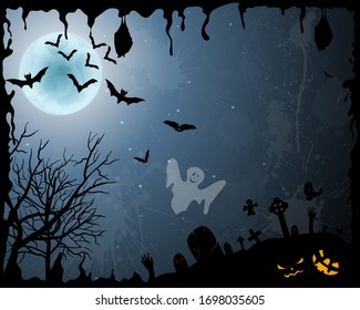 Happy Halloween Greeting Card. Elegant Design With Bats, Spooky, Grave, Cemetery, Tree and Moon  Over Orange Grunge Starry Sky Background With Ink Blots. Vector illustration.