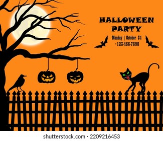 Happy Halloween Greeting Card. Elegant Design With Tree, Bats, Pumpkin, Cat Going on a Fence and Sitting  Raven Over Grunge Orange.