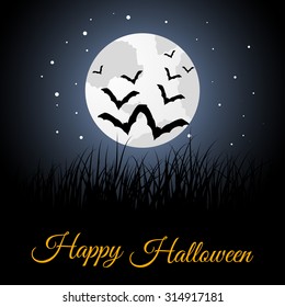 Happy Halloween Greeting Card. Elegant Design With Moon on Starry Sky and Silhouettes of Flying Bats.  Vector illustration.