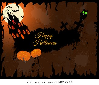 Happy Halloween Greeting Card. Elegant Design With Castle, Bats, Owl, Grave and Cemetery, Tree Over Grunge Orange Background With Ink Blots. Vector illustration.