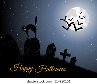 Happy Halloween Greeting Card. Elegant Design With Cemetery, Cat on Grave, Moon on Starry Sky and Silhouettes of Flying Bats.  Vector illustration.