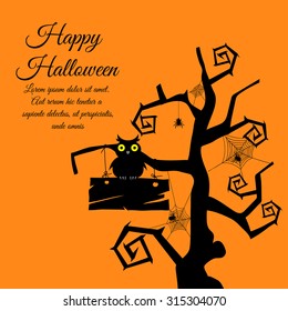 Happy Halloween Greeting Card. Elegant Design With Gothic Tree, Timber,  Owl, Webs and Spiders Over Orange Background.  Vector illustration.