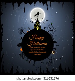 Happy Halloween Greeting Card. Elegant Design With Castle, Bats, Owl, Grave, Tree, Witch, Cemetery and Moon Over Grunge Dark Blue Starry Sky Background. Vector illustration.