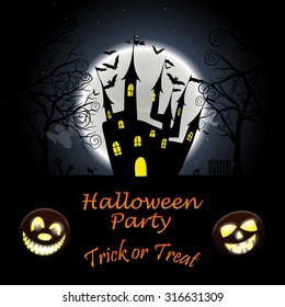 Happy Halloween Greeting Card. Elegant Design With Pumpkin, Moon, Tree, Grave, Castle, Spooky and Cats   Over Grunge Dark Blue Starry Sky Background. Vector illustration.