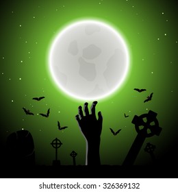 Happy Halloween Greeting Card. Elegant Design With Zombie Hand, Bat, Grave, Cemetery and Moon  Over Grunge Dark Green Starry Sky Background. Vector illustration.