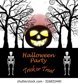 Happy Halloween Greeting Card. Elegant Design With Pumpkin, Moon, Tree and Skeleton Over Grunge White Starry Sky Background. Vector illustration.