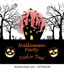 Happy Halloween Greeting Card. Elegant Design With Pumpkin, Moon, Tree, Grave, Castle, Spooky and Cats   Over White Dark Blue Starry Sky Background. Vector illustration.