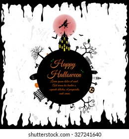 Happy Halloween Greeting Card. Elegant Design With Castle, Bats, Owl, Grave, Tree, Witch, Cemetery and Moon Over Grunge Background. Vector illustration.