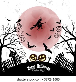 Happy Halloween Greeting Card. Elegant Design With Bats, Owl, Grave, Cemetery, Fence, Moon, Tree and Witch Over Grunge White Background. Vector illustration.