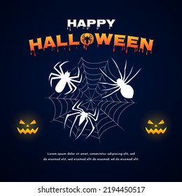 Happy halloween greeting card with halloween elements pumpkin, spider, and spiderweb. Design template for advertising, web, social media