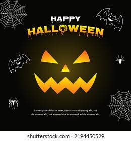 Happy halloween greeting card with halloween elements pumpkin, bat, spider, and spiderweb. Design template for advertising, web, social media