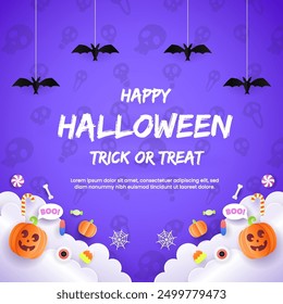 Happy halloween greeting card  with elements pumpkins, spiders, bats, flags, and candy. Perfect for a party flyer or invitation template. EPS 10 vector illustration.