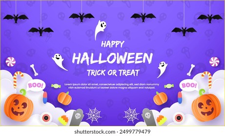 Happy halloween greeting card  with elements pumpkins, spiders, bats, flags, and candy. Perfect for a party flyer or invitation template. EPS 10 vector illustration.