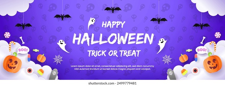 Happy halloween greeting card  with elements pumpkins, spiders, bats, flags, and candy. Perfect for a party flyer or invitation template. EPS 10 vector illustration.