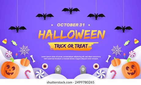 Happy halloween greeting card  with elements pumpkins, spiders, bats, flags, and candy. Perfect for a party flyer or invitation template. EPS 10 vector illustration.