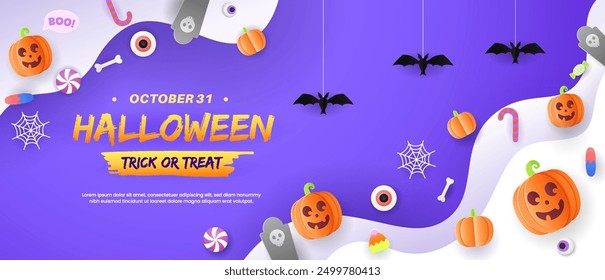 Happy halloween greeting card  with elements pumpkins, spiders, bats, flags, and candy. Perfect for a party flyer or invitation template. EPS 10 vector illustration.