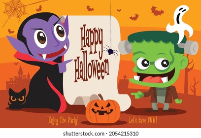 Happy Halloween greeting card. Flat design Dracula and green zombie hand pointing on vintage scroll paper in creepy horror background 