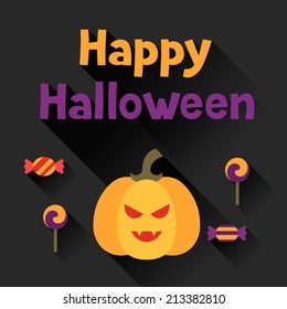 Happy halloween greeting card in flat design style.