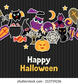 Happy halloween greeting card with flat sticker icons.