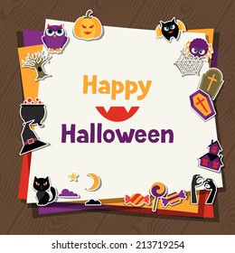 Happy halloween greeting card with flat sticker icons.