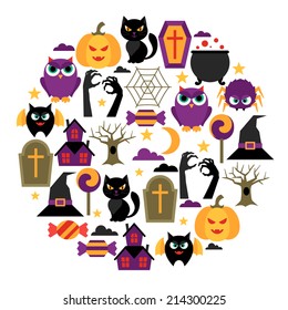 Happy Halloween greeting card with flat icons.