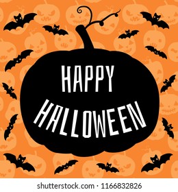 Happy Halloween greeting card, flyer or brochure with cute orange background with pumkins and bats