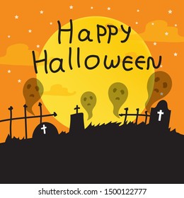 Happy halloween greeting card with full moon, ghost on orange background. vector illustration