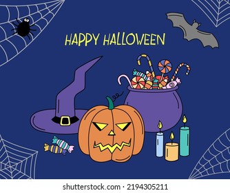 Happy Halloween greeting card. Funny Halloween doodle objects composition. Pumpkin lantern, witch hat, candles and holiday sweets. Bat and spider web decor. Hand drawn vector illustration.