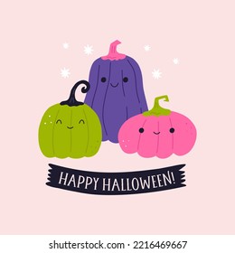 Happy Halloween greeting card with funny pumpkins, flat vector illustration isolated on pastel pink background. Cute pumpkins with cheerful face expression. Halloween drawing for kids.