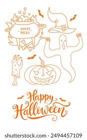Happy Halloween greeting card with funny Halloween themed elements set like cauldron, pumpkin lantern, ghost and witch hat in doodle outline style with typography lettering. Vector illustration design