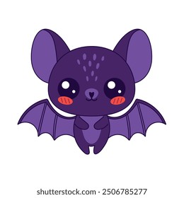 Tarjeta de felicitación feliz de Halloween con el murciélago divertido. Lindo murciélago sonriente morado kawaii