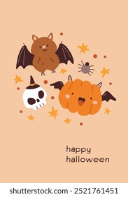 Feliz Halloween, tarjeta de felicitación, diseño divertido de los niños con la calabaza sonriente adorable linda, el murciélago y el cráneo. Postal festiva, vacaciones de octubre. Afiche de truco o trato. Ilustración vectorial plana infantil