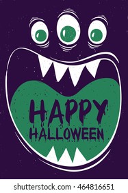 Happy Halloween greeting card. Funny cartoon muzzle of monster with wide open mouth.