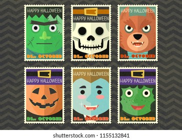 Happy halloween greeting card with ghost cartoon characters set , Halloween ghost cartoon stamp postage collection.