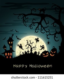 Happy Halloween greeting card with ghosts, graves, bats, pumpkins, etc.