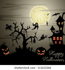 Happy Halloween greeting card with ghosts, graves, bats, pumpkins, etc.