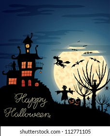 Happy Halloween greeting card with ghosts, graves, bats, pumpkins, etc.