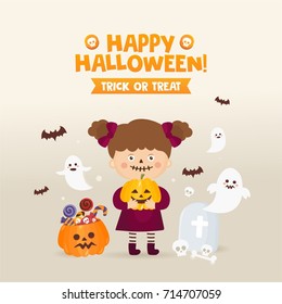 Happy Halloween greeting card. Girl in a fancy dress with pumpkin, candy, ghost and other traditional elements of Halloween. Different holiday icons. Trick or treat!