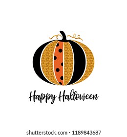 Happy Halloween greeting card. Glitter pumpkin and lettering. Halloween glamorous sparkling pumpkin. Design for poster or flyer
