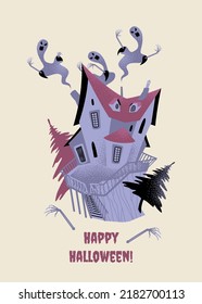 Happy Halloween greeting card with gloomy haunted house. Vector illustration in flat style