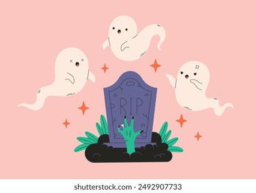 Happy Halloween greeting card with gravestone, zombie hand, ghosts. Vector illustration in flat style